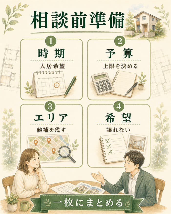 住宅会社へ相談する前に準備する項目の図解