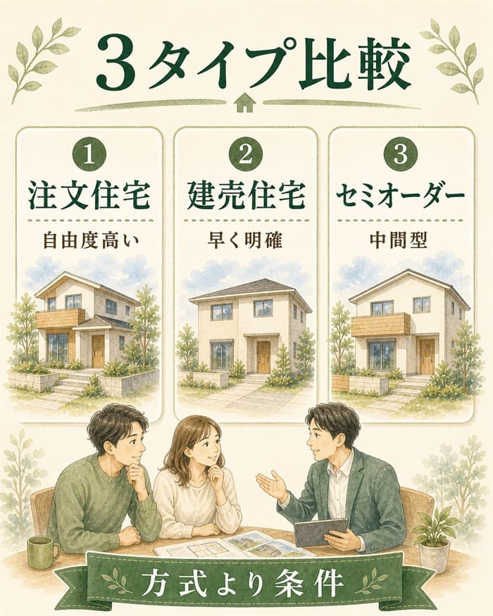 注文住宅と建売とセミオーダーの違いを比較する図解