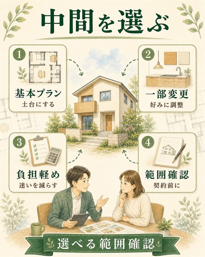 セミオーダー住宅の自由度と負担のバランスを示す図解