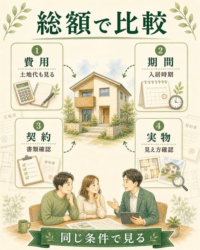 費用や期間や契約を同じ条件で比較する住宅図解