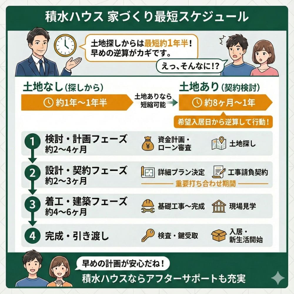 積水ハウスの家づくり最短スケジュール:土地探しから約1年半