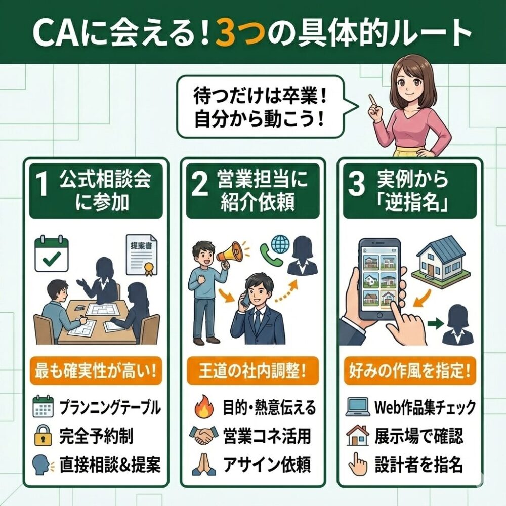 CAに会うための3つの具体的方法を図解した画像