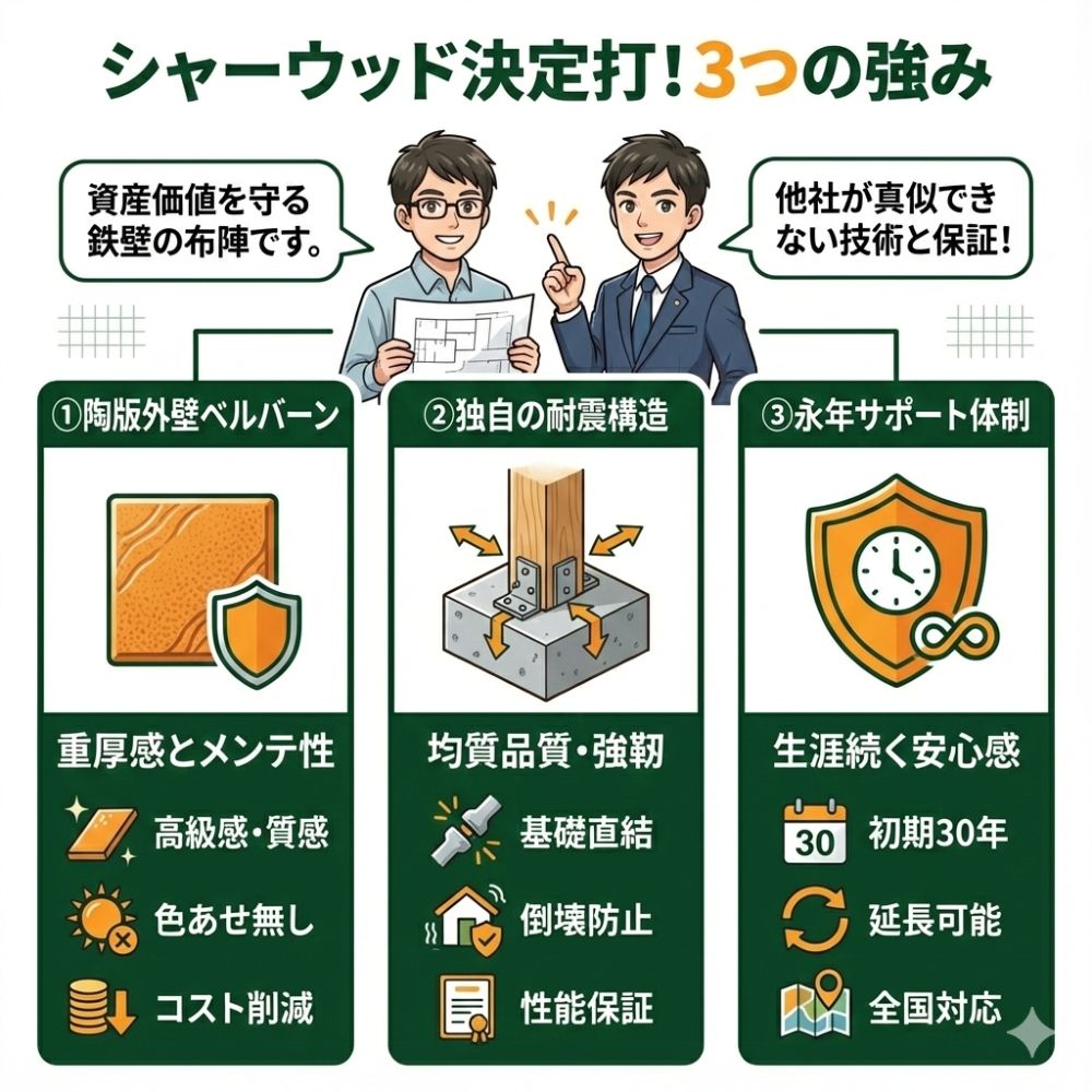 積水ハウスシャーウッド3つの強み。外壁・耐震・保証を図解