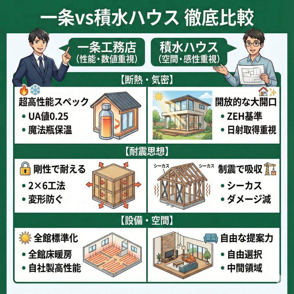 一条と積水の断熱・耐震・設備を比較した図解