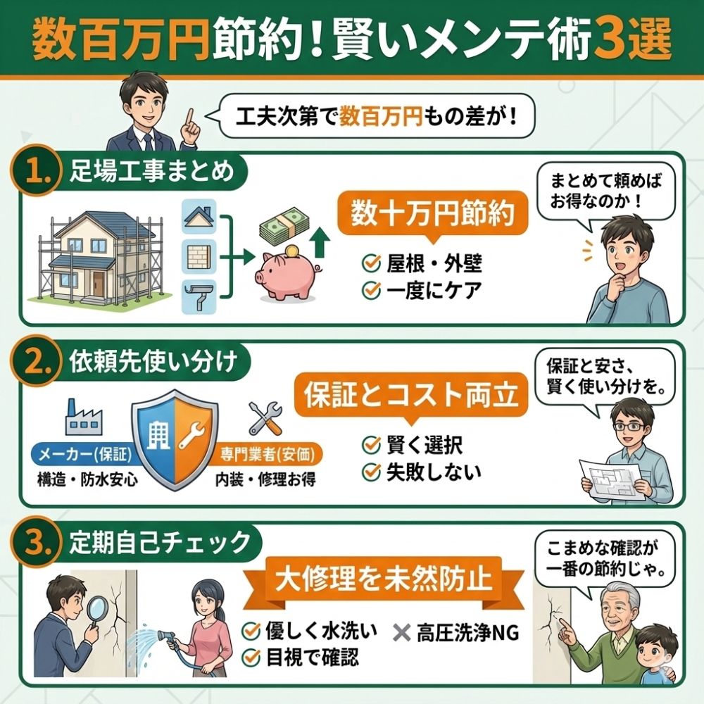 積水ハウスなど賢い家のメンテナンス費用節約術3選の図解