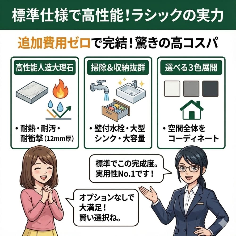 一条工務店ラシックキッチンの標準仕様とコスパを図解で解説。