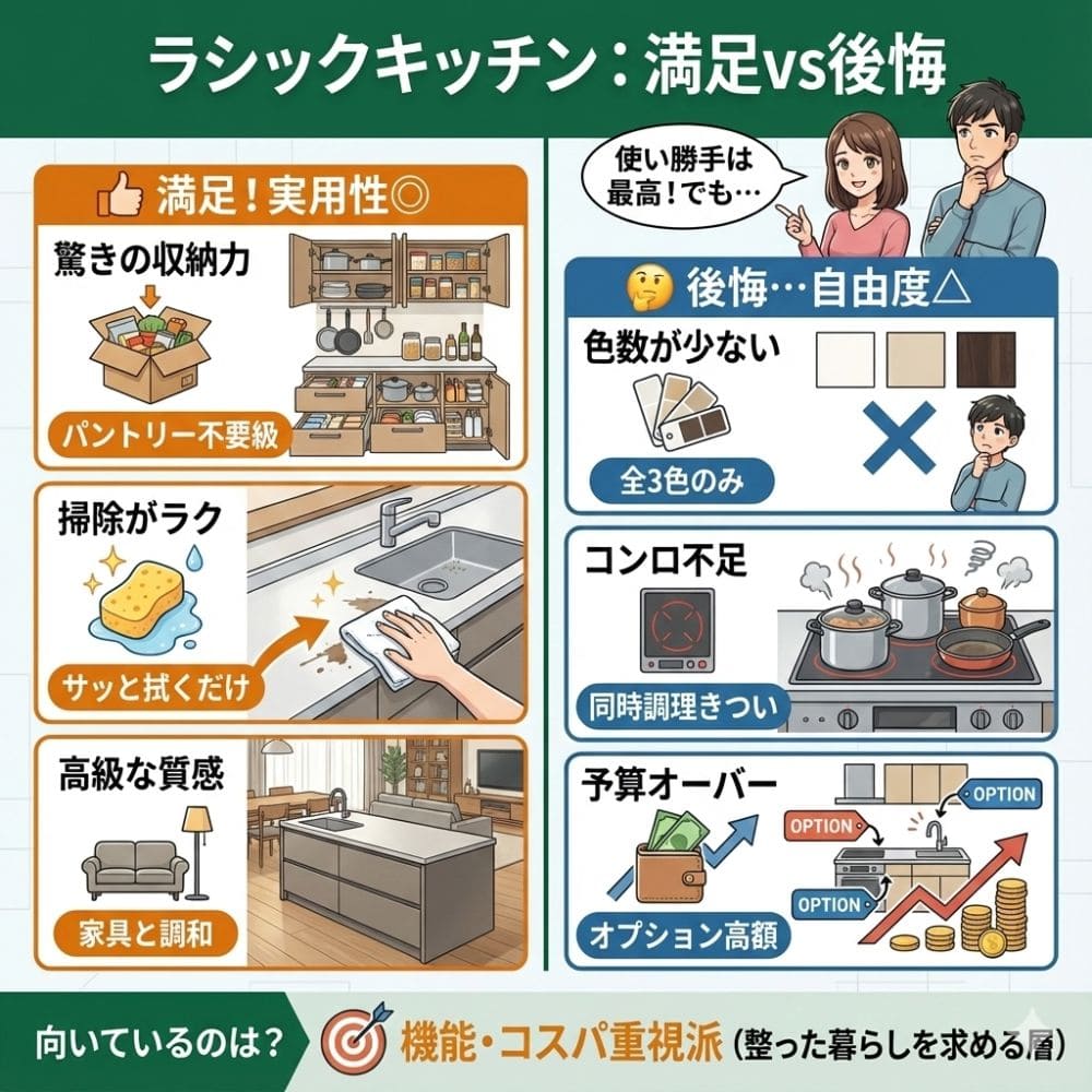 一条工務店ラシックキッチン満足点と後悔点の比較図