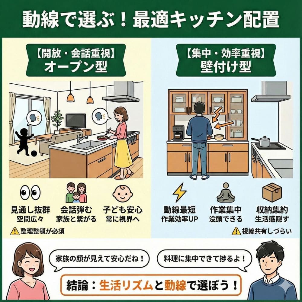一条工務店キッチン、動線で選ぶオープン・壁付け比較図