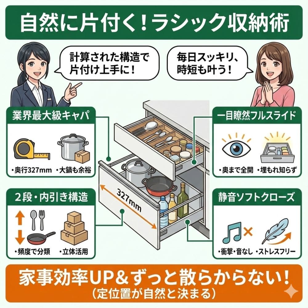 一条工務店ラシック収納：大容量と便利構造で自然に片付くキッチン