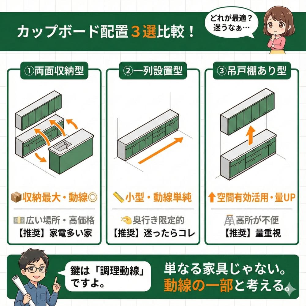 一条工務店のカップボード配置3選比較！動線と収納で選ぶ