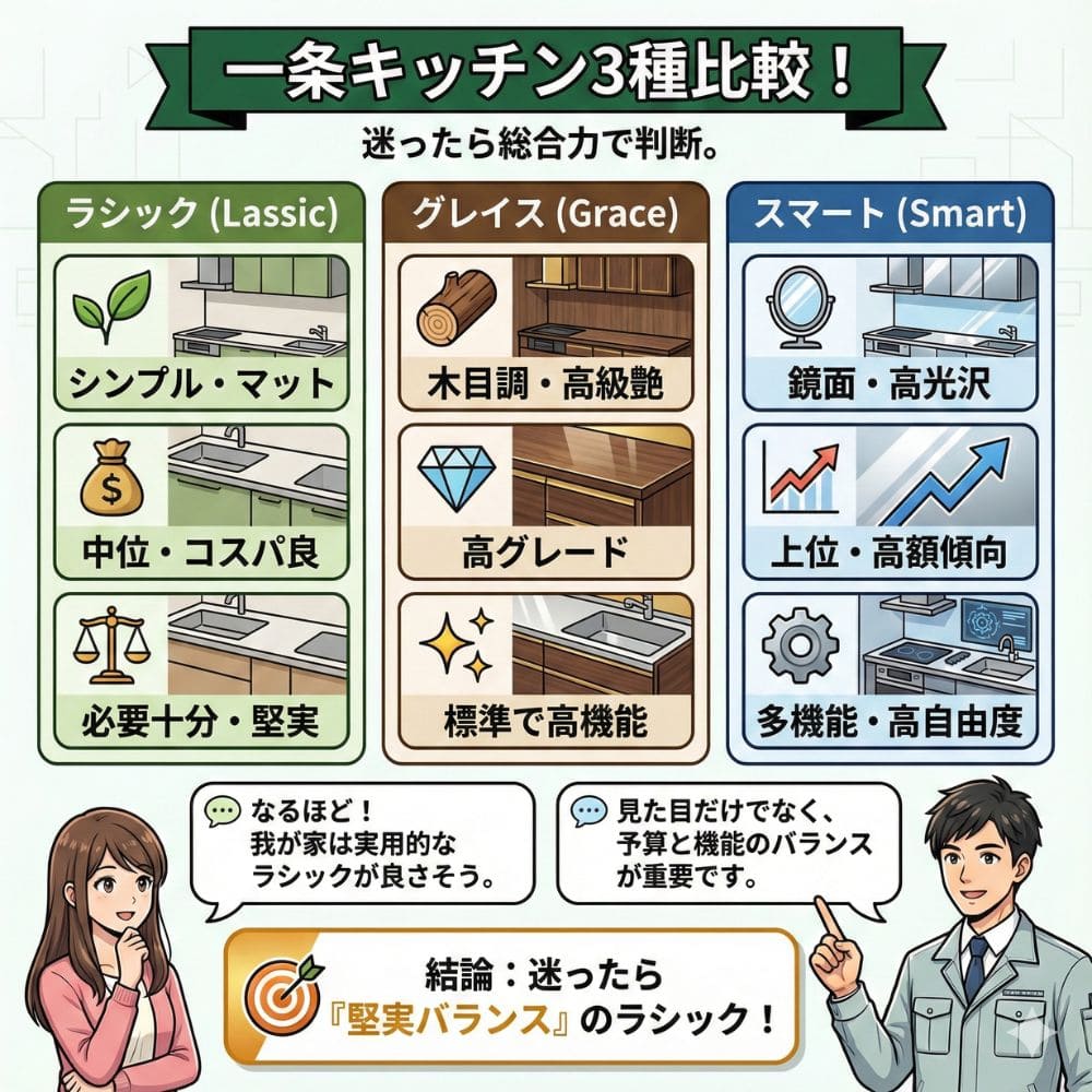 一条工務店のキッチン3種比較インフォグラフィック