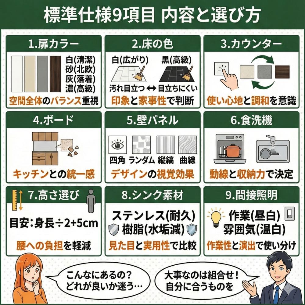 一条工務店グレイスキッチンの標準仕様9項目と選び方の図解