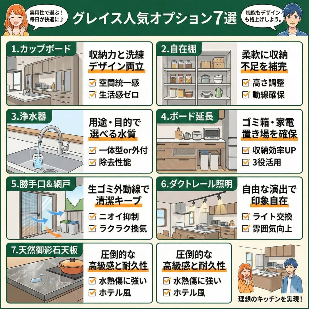 一条工務店グレイスキッチンの人気オプション7選インフォグラフィック