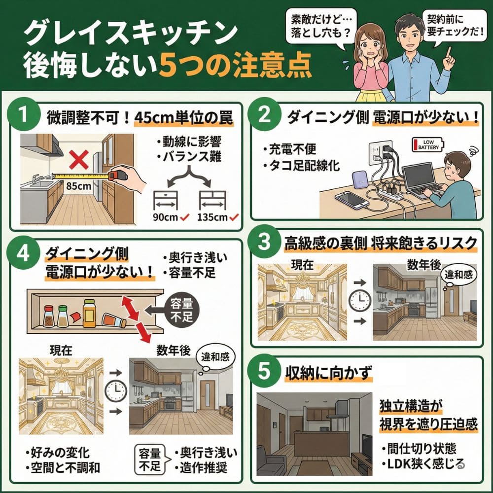 一条工務店グレイスキッチン後悔しない5つの注意点インフォグラフィック