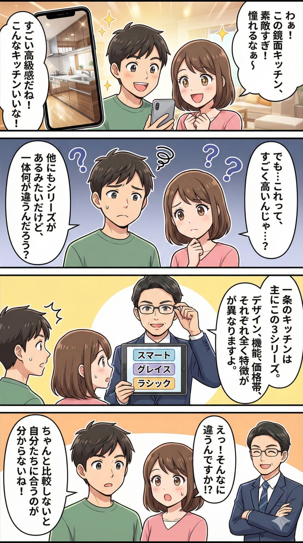 一条工務店のキッチン3シリーズの違いを比較し、自分に合うキッチンを見つけるためのマンガ