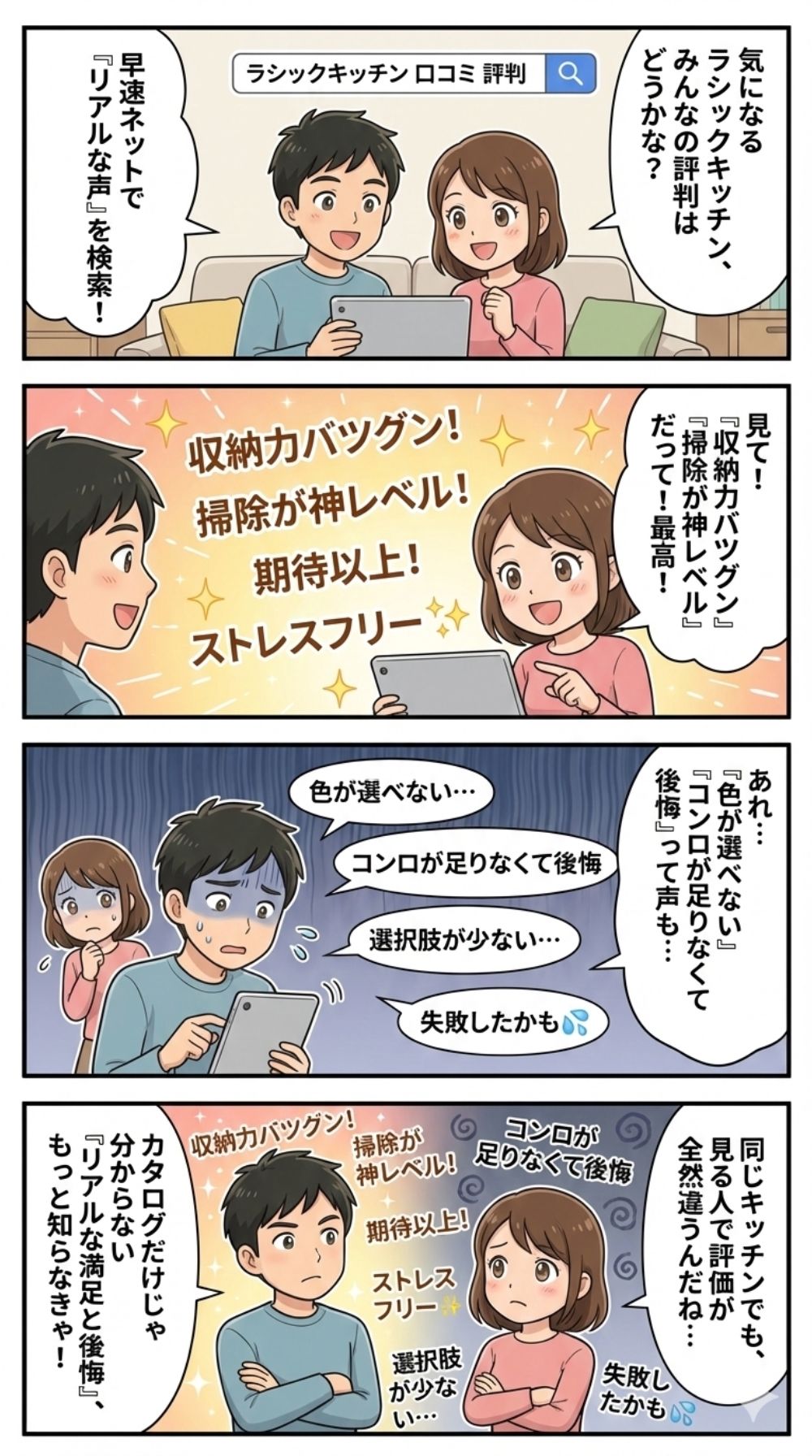 タカシとユイがラシックキッチンの口コミを検索。絶賛と後悔の声が入り混じる現実に驚く4コマ漫画