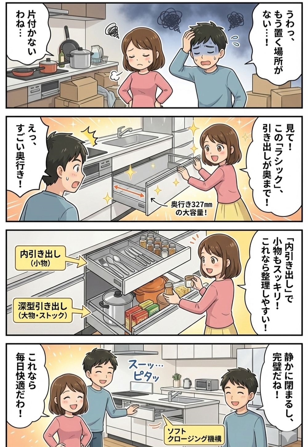 ラシックキッチン「大容量と整理構造」で片付く4コマ漫画