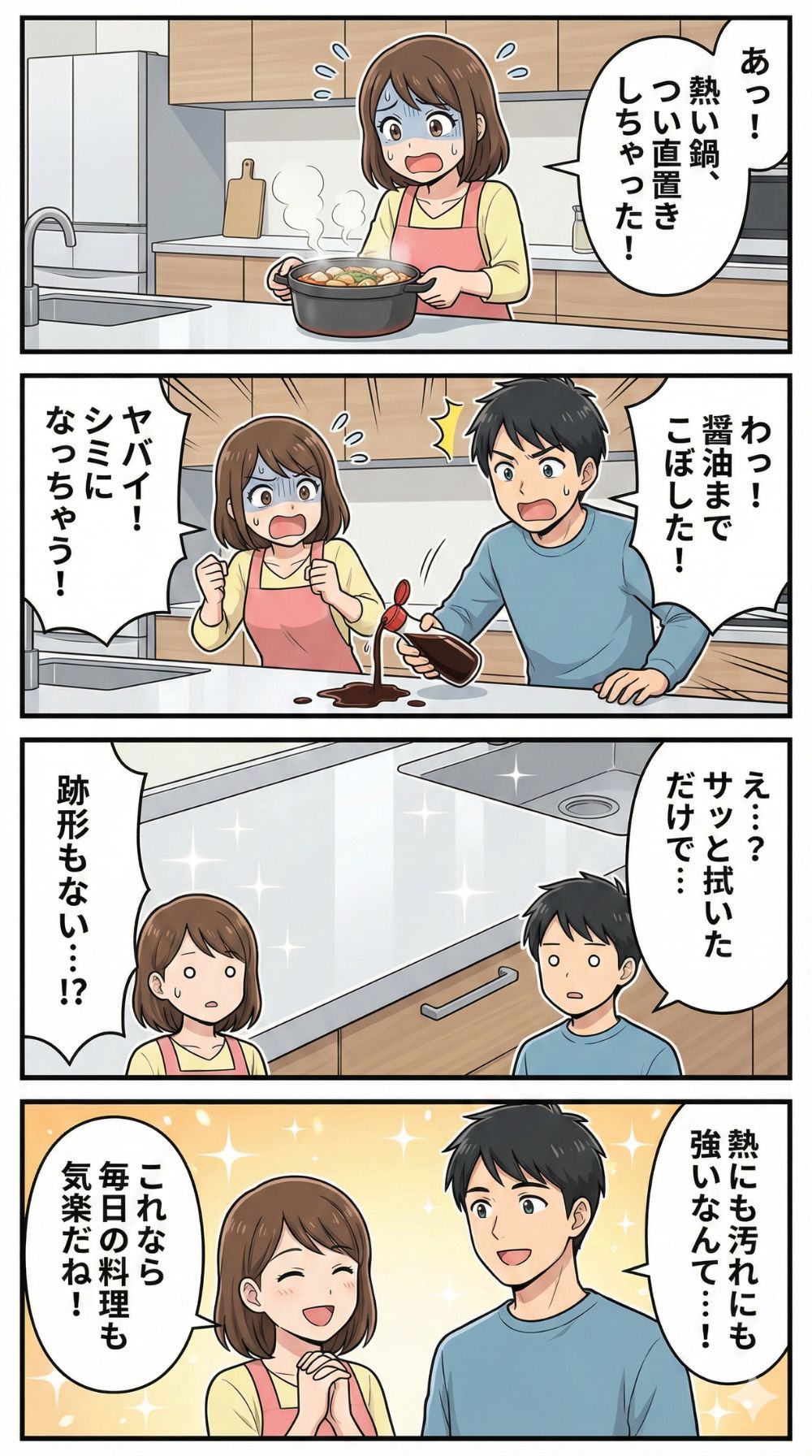 熱した鍋や醤油をこぼしてもサッと拭き取れる、汚れや熱に強いキッチン天板に驚き喜ぶ夫婦の4コマ漫画
