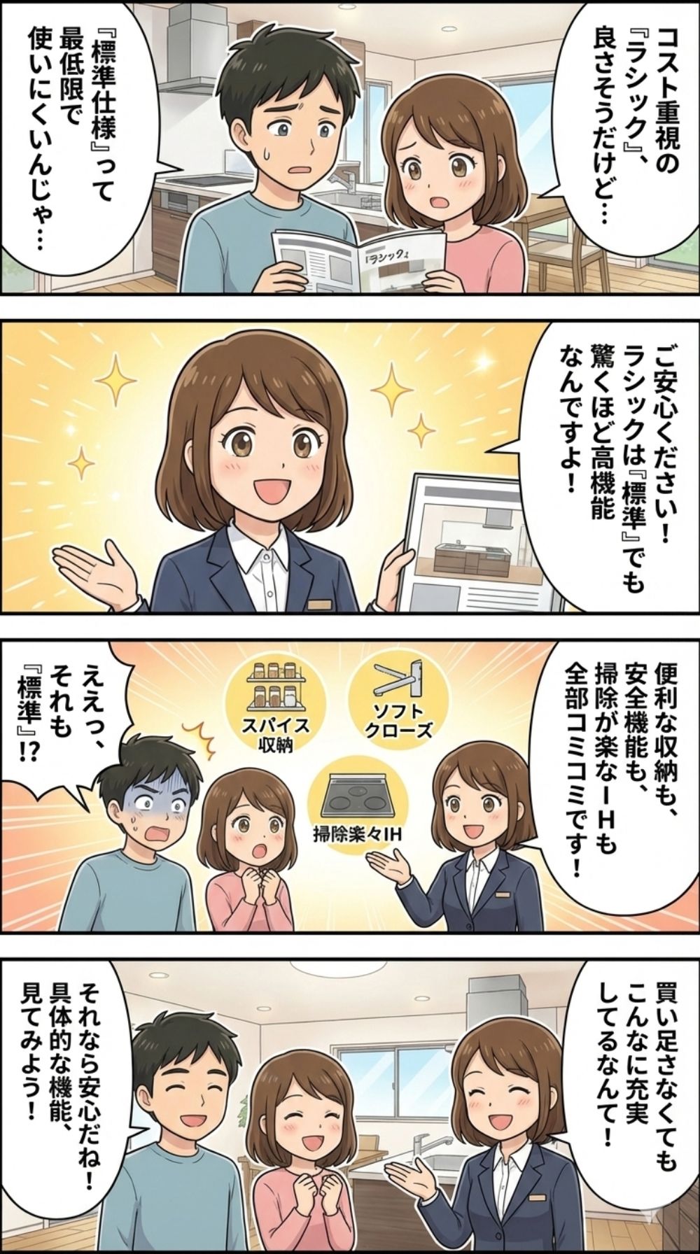 シックの標準仕様は高機能！追加費用なしで便利な設備が充実していることに驚くタカシとユイの4コマ漫画