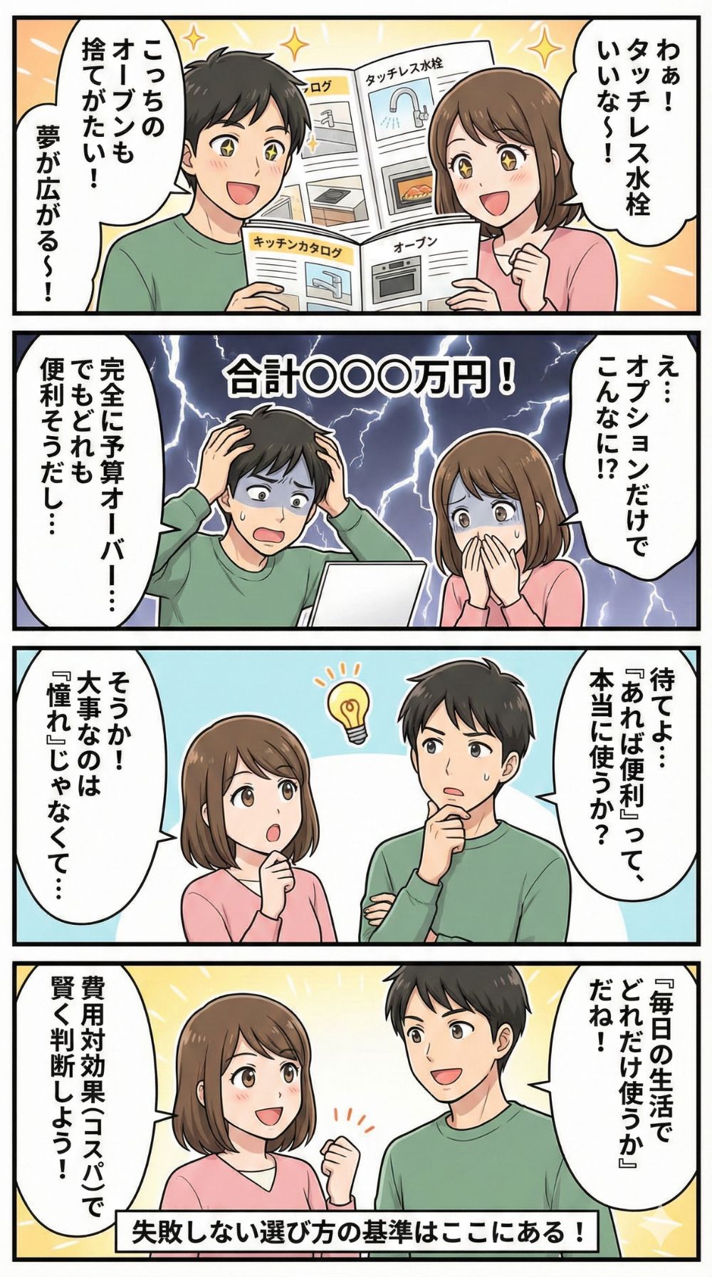 キッチンオプションの予算オーバーに直面した夫婦が、使用頻度とコスパで選ぶ重要性に気づく4コマ漫画