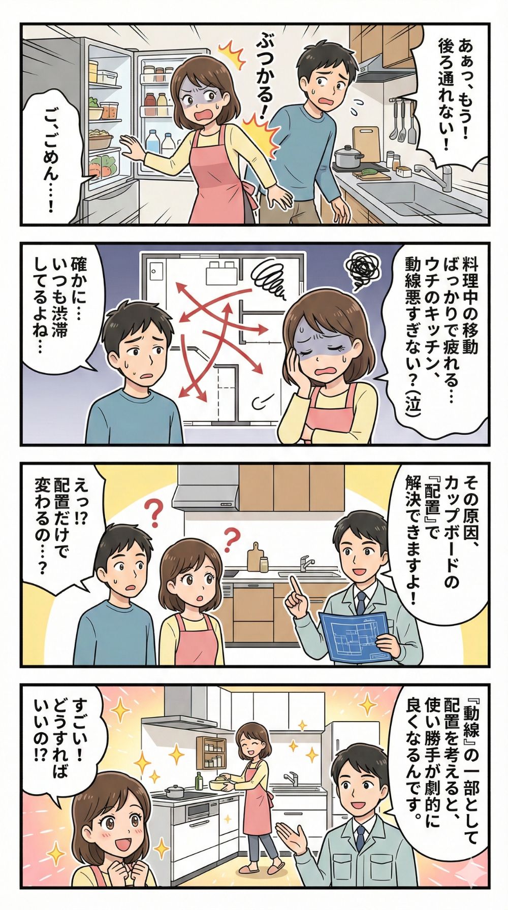 狭いキッチンで夫婦がぶつかり、動線の悪さを嘆く。設計士がカップボードの配置で改善できると提案し、理想のキッチンを想像する漫画