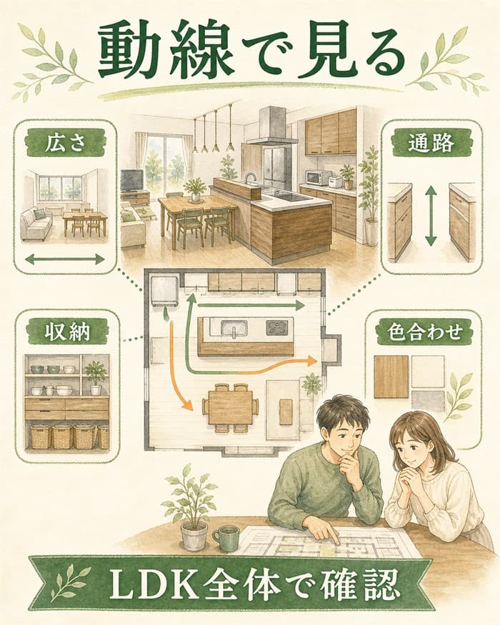 グレイスキッチンを見た目だけでなくLDK全体の動線で確認する図解