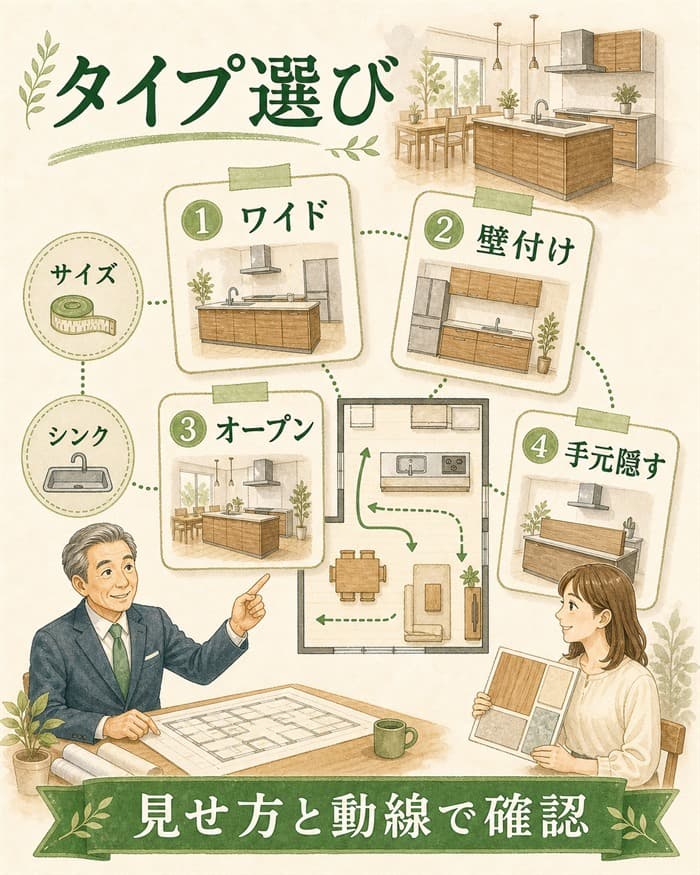 グレイスキッチンのタイプやサイズを見せ方と動線で選ぶ図解
