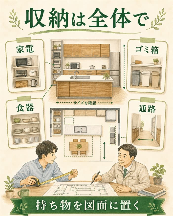家電やゴミ箱まで含めて収納計画を図面に置くチェック図