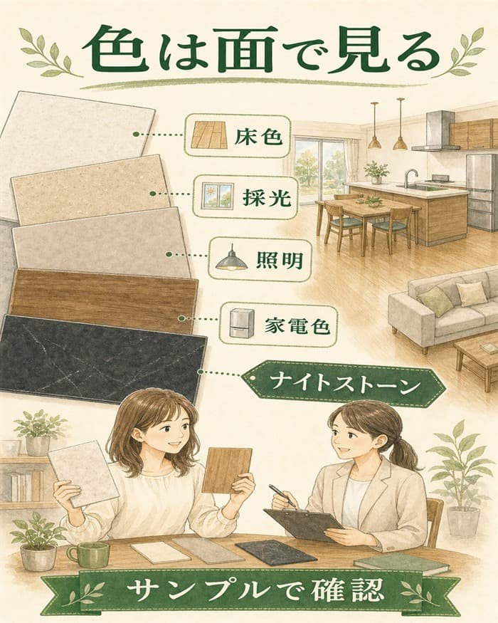 床色や採光と合わせてナイトストーンを確認するカラー図解