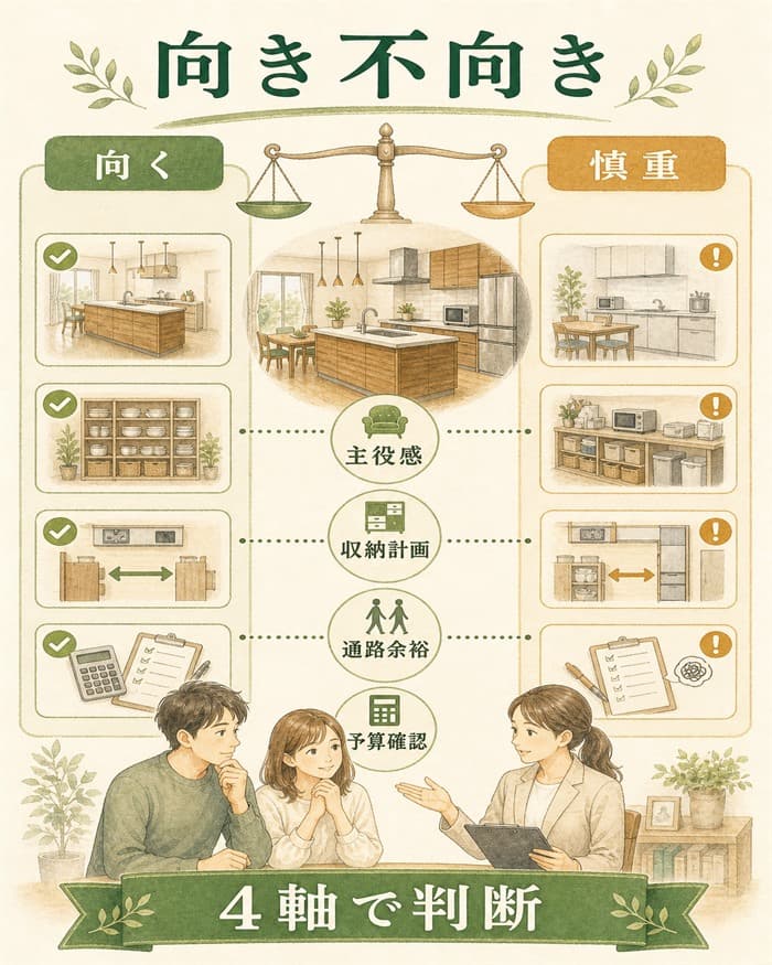 グレイスキッチンが向く家庭と慎重に見る家庭を四軸で整理した図