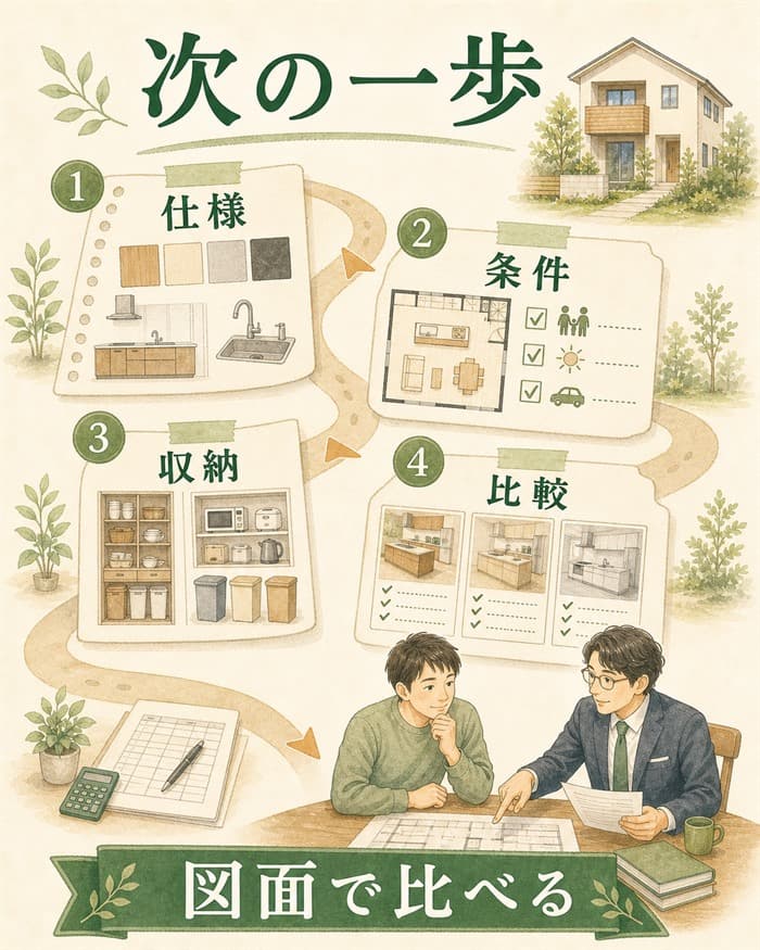 迷った仕様を間取りや予算に落とし込み図面で比べる手順図