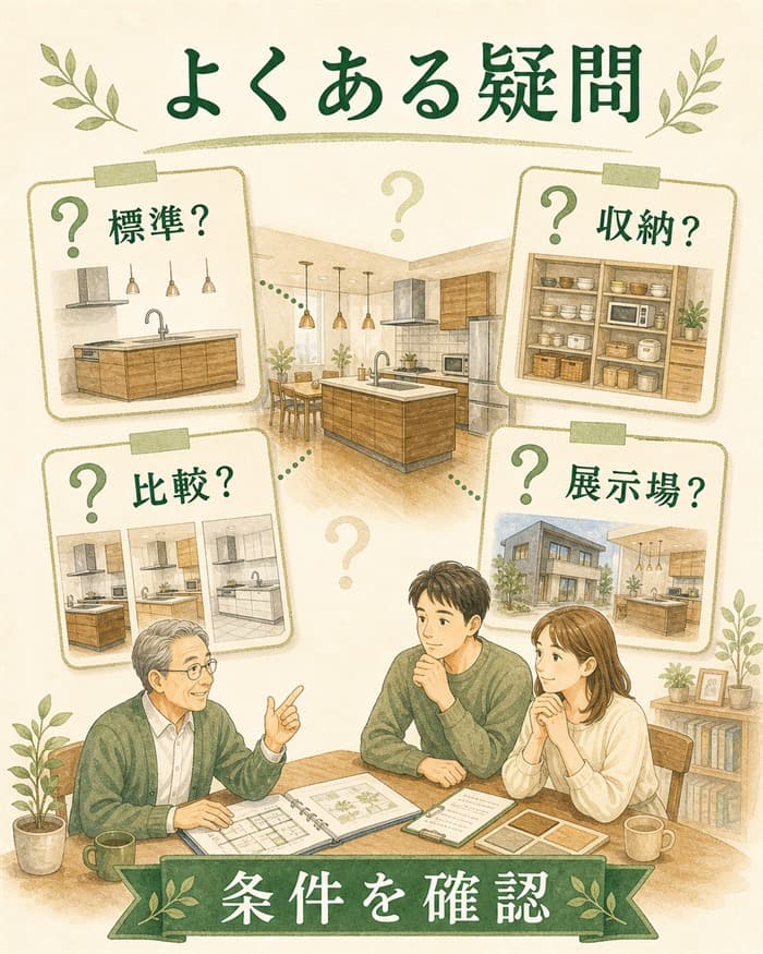 標準仕様や収納などグレイスキッチンの疑問を確認するFAQ図