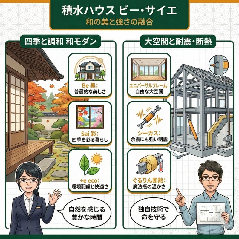 積水ハウス ビー・サイエ 和モダンと技術のインフォグラフィック