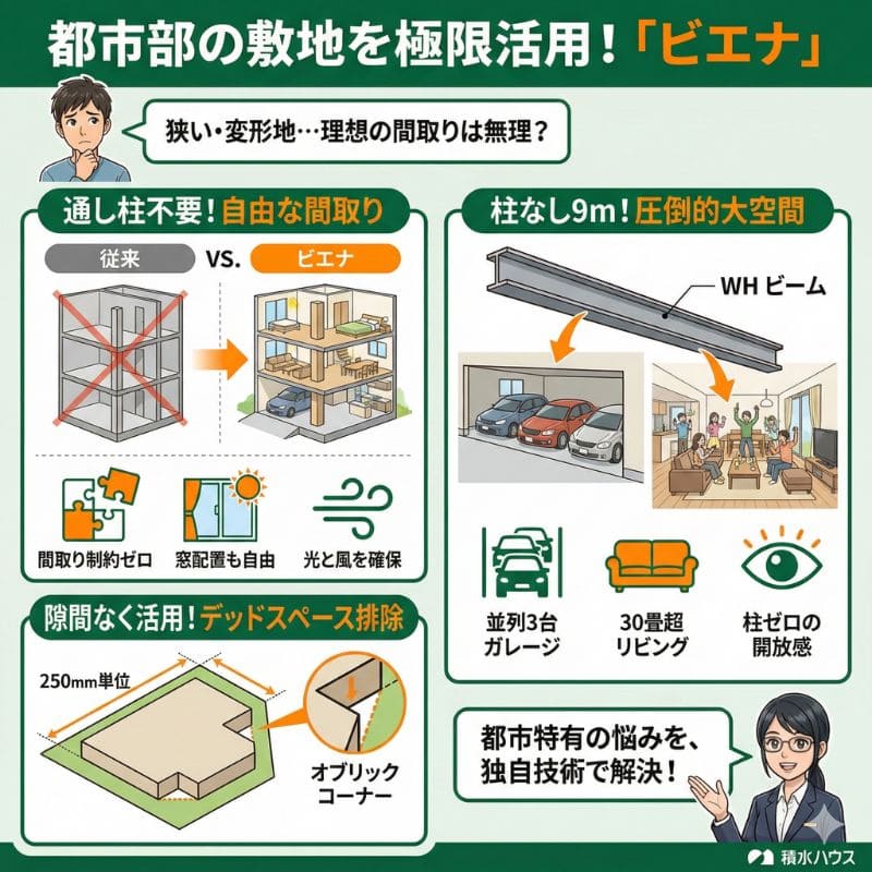 積水ハウスのビエナ：都市部の敷地を極限活用する図