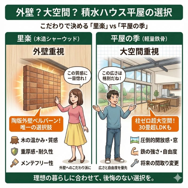 積水ハウス平屋比較図：外壁の里楽と大空間の平屋の季