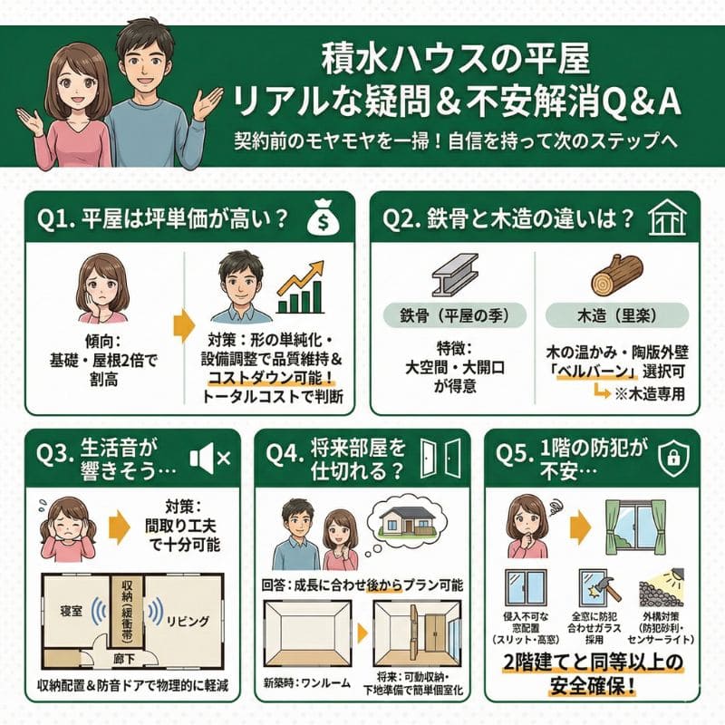 積水ハウスの平屋Q&A疑問解消インフォグラフィック