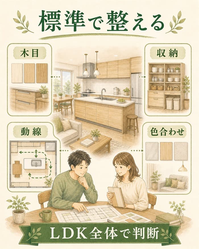 ラシックキッチンを木目感と標準仕様のバランスで判断する図解
