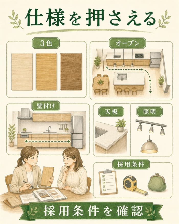 ラシックキッチンの色やタイプや照明を仕様条件で確認する図