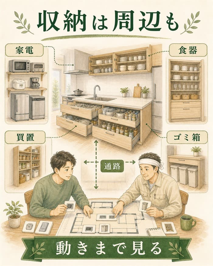 家電やゴミ箱まで含めてラシックの周辺収納を考える図解