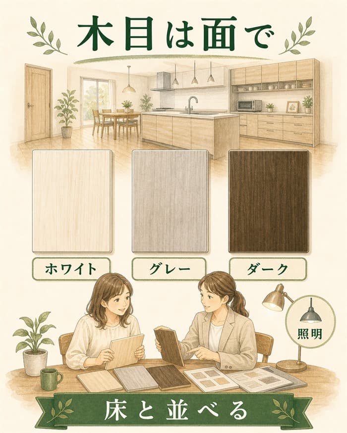 木目カラーを床や照明と並べて面積で確認するカラー図