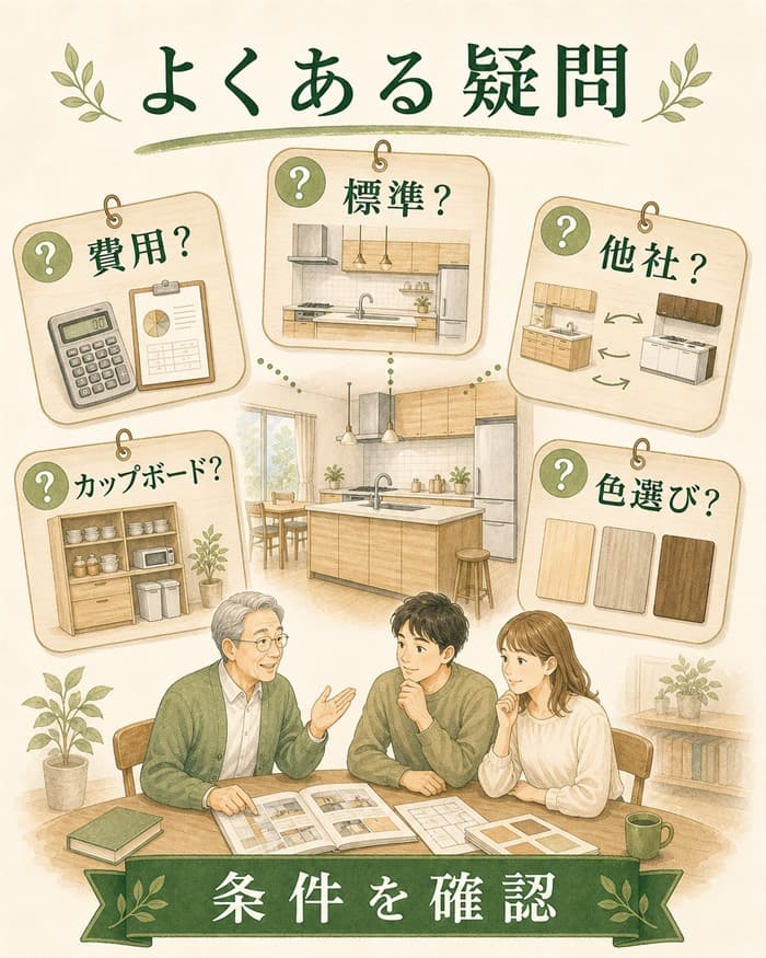 標準仕様や費用などラシックキッチンの疑問を確認するFAQ図
