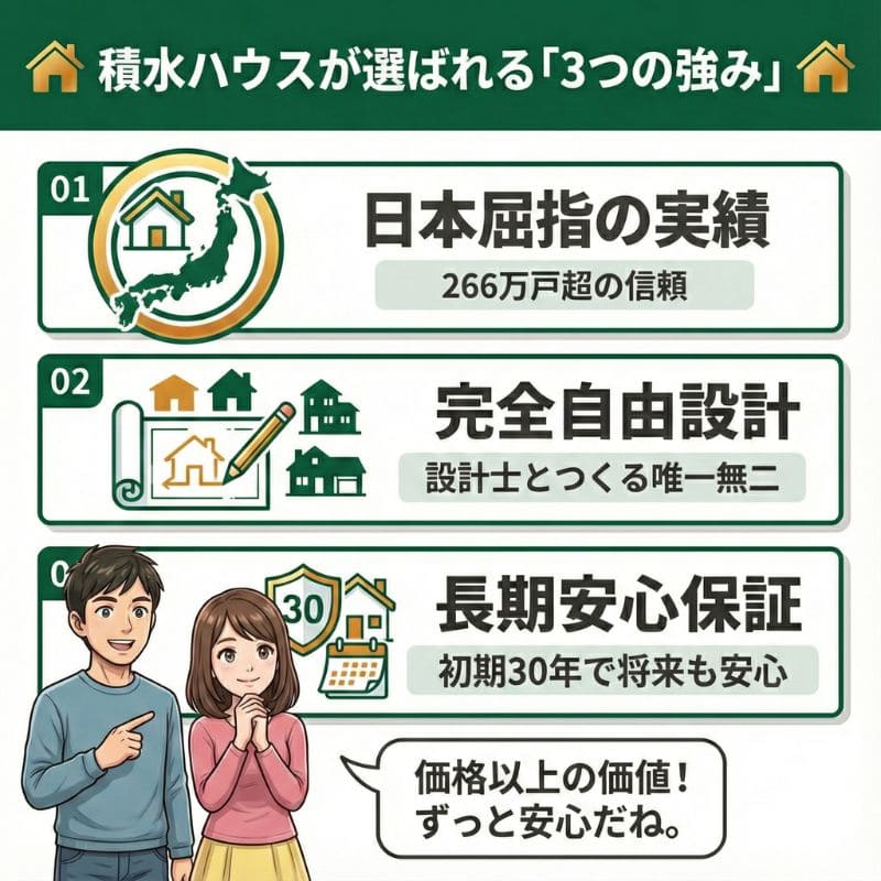 積水ハウスの実績・自由設計・長期保証の3つの強みを図解