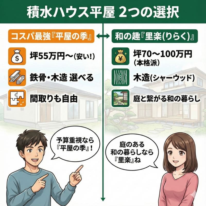 積水ハウスの平屋「平屋の季」と「里楽」の比較図解