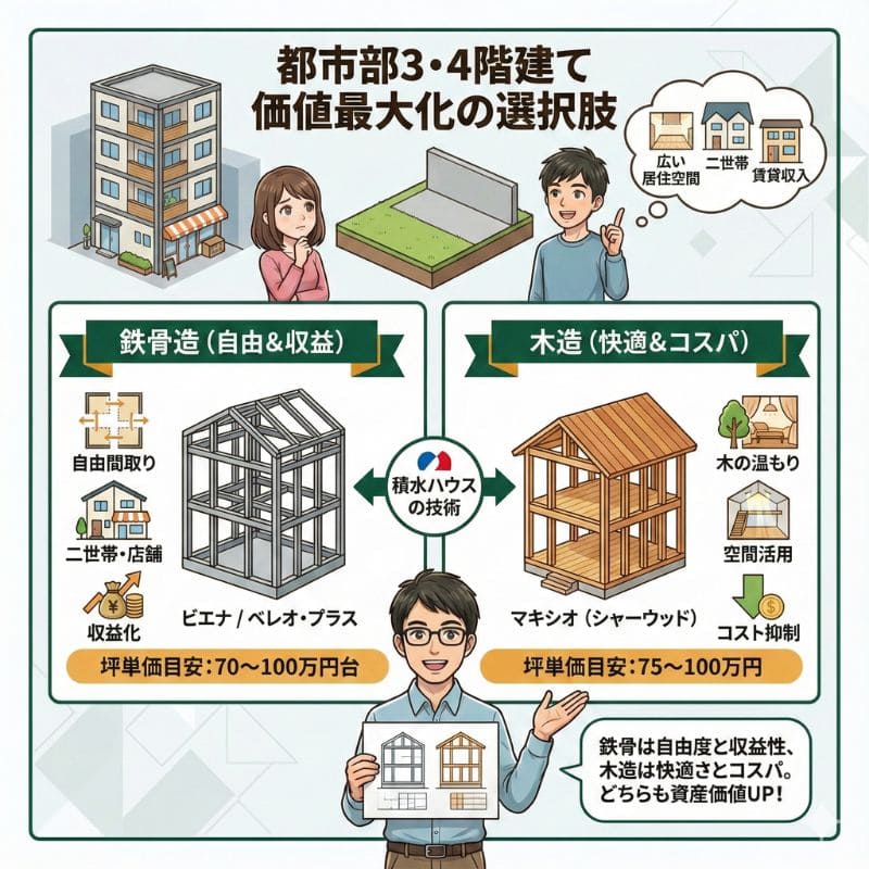 積水ハウスの鉄骨・木造3・4階建て比較。資産価値を最大化。