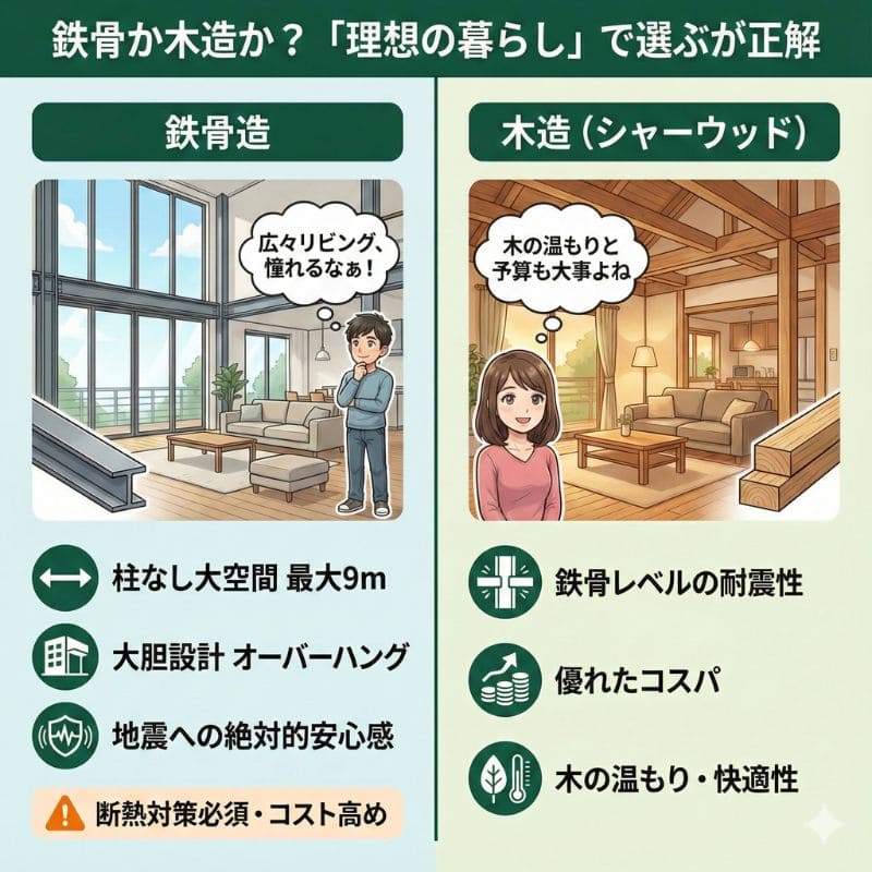 積水ハウスの鉄骨造と木造シャーウッドを比較した図解