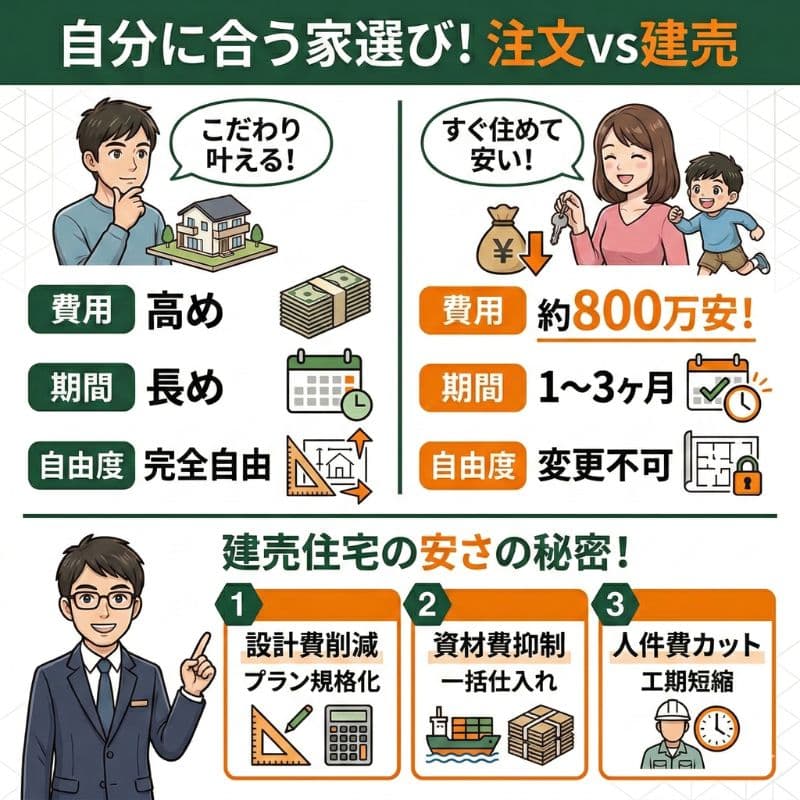 注文住宅と建売住宅の比較図。費用、期間、自由度の違いを解説。