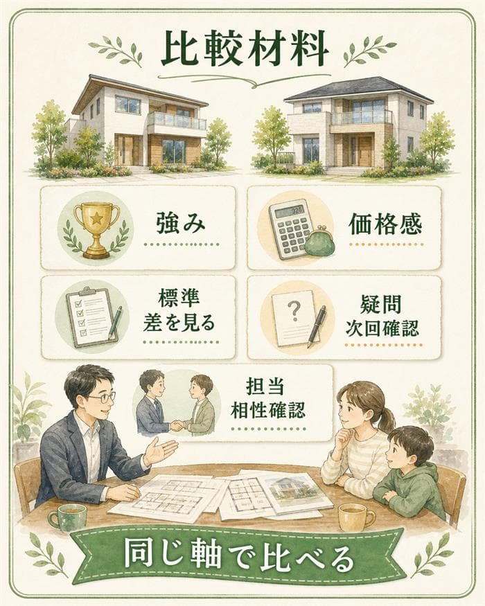 住宅展示場で持ち帰る比較材料を整理した図解