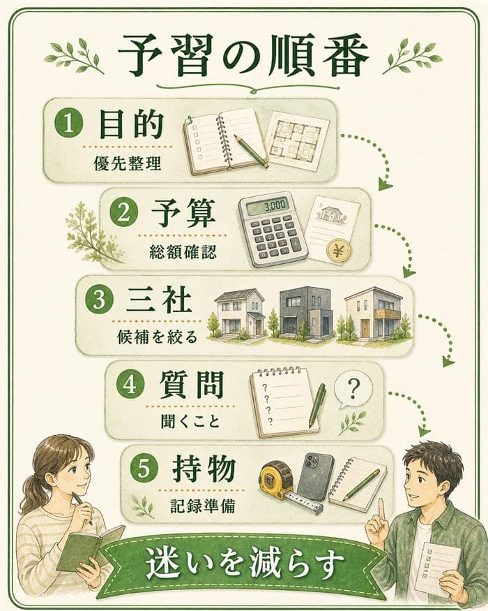 展示場前に準備する目的や予算の順番を示した図解