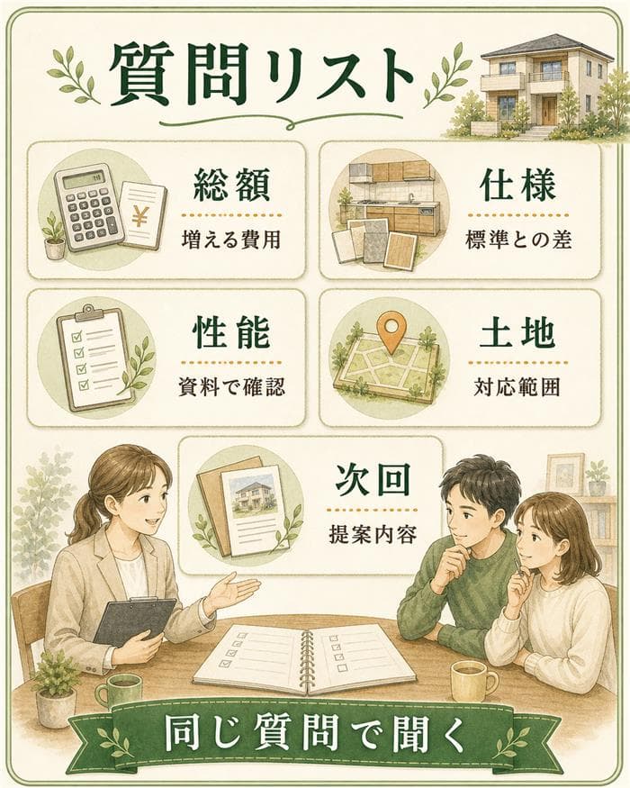 展示場で聞く費用や仕様などの質問リスト図解