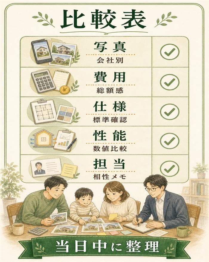 見学後に写真や費用を比較表へまとめる図解